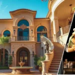 Exterior view of Terry Fator’s elegant Las Vegas mansion surrounded by palm trees and desert landscape.