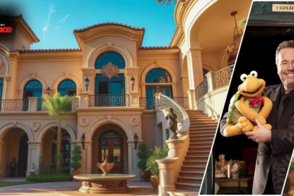 Exterior view of Terry Fator’s elegant Las Vegas mansion surrounded by palm trees and desert landscape.