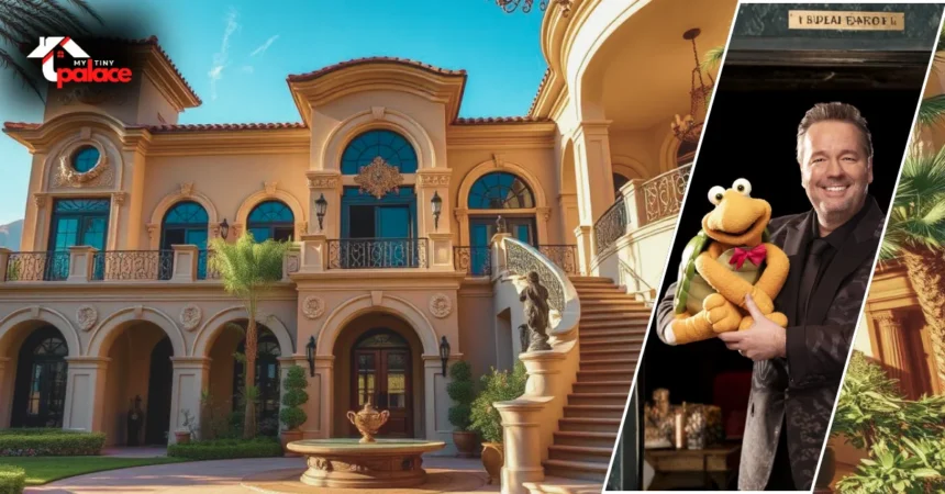 Exterior view of Terry Fator’s elegant Las Vegas mansion surrounded by palm trees and desert landscape.