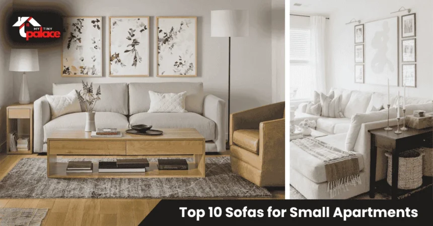 Small apartment living room with a compact 60-inch loveseat sofa, featuring a top 10 sofas for small apartments guide with removable legs and neutral fabric.