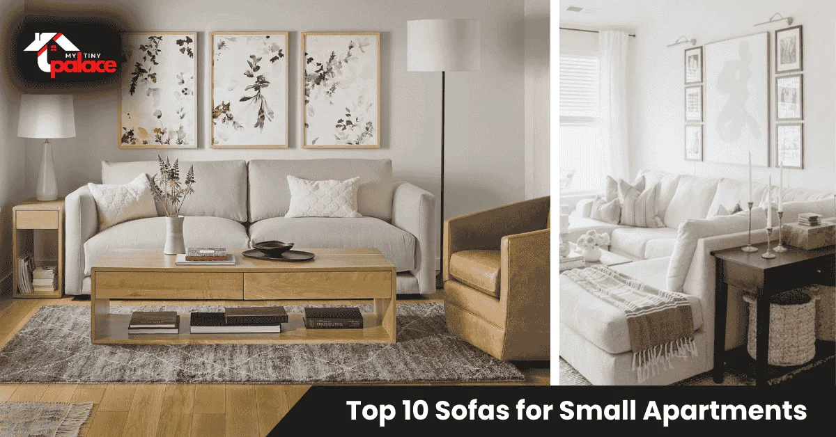 Small apartment living room with a compact 60-inch loveseat sofa, featuring a top 10 sofas for small apartments guide with removable legs and neutral fabric.