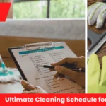 A bright living room scene with cleaning supplies neatly arranged beside a planner titled Ultimate Cleaning Schedule for Every Home.