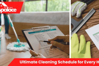 A bright living room scene with cleaning supplies neatly arranged beside a planner titled Ultimate Cleaning Schedule for Every Home.