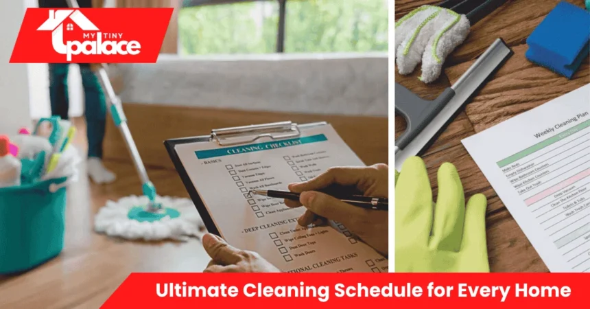 A bright living room scene with cleaning supplies neatly arranged beside a planner titled Ultimate Cleaning Schedule for Every Home.