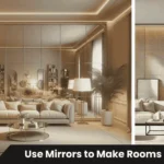 Large mirror placed opposite window demonstrating how to use mirrors to make rooms look bigger in modern living room