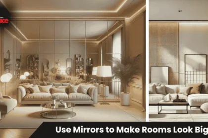 Large mirror placed opposite window demonstrating how to use mirrors to make rooms look bigger in modern living room