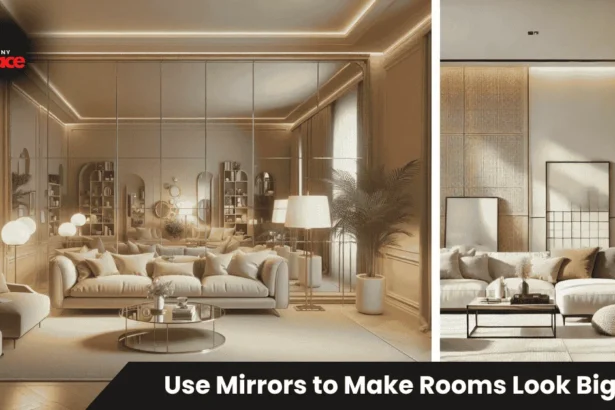 Large mirror placed opposite window demonstrating how to use mirrors to make rooms look bigger in modern living room