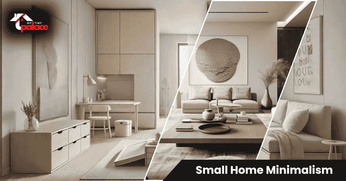 Space-saving minimalist decor ideas for small homes featuring floating shelves and nesting tables in modern living room