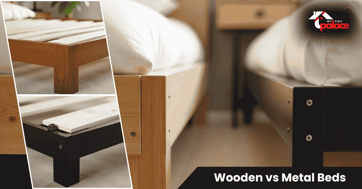 Side-by-side wooden bed frame and metal bed frame highlighting durability, style differences, and construction details for bedroom furniture comparison