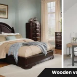 Wooden vs metal beds comparison showing solid hardwood frame and steel platform bed in bright modern bedroom with natural lighting