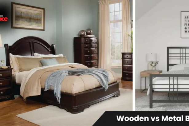 Wooden vs metal beds comparison showing solid hardwood frame and steel platform bed in bright modern bedroom with natural lighting