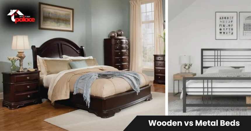 Wooden vs metal beds comparison showing solid hardwood frame and steel platform bed in bright modern bedroom with natural lighting