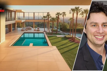 Exterior view of Zach Braff’s Los Angeles home surrounded by greenery and overlooking the city hills.