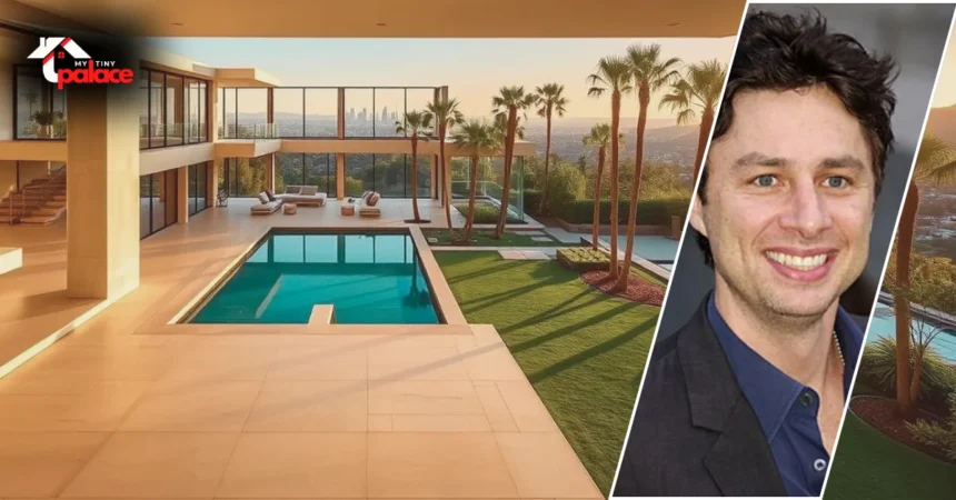 Exterior view of Zach Braff’s Los Angeles home surrounded by greenery and overlooking the city hills.