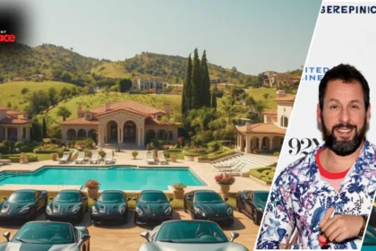 Front view of Adam Sandler’s Pacific Palisades mansion surrounded by lush greenery.