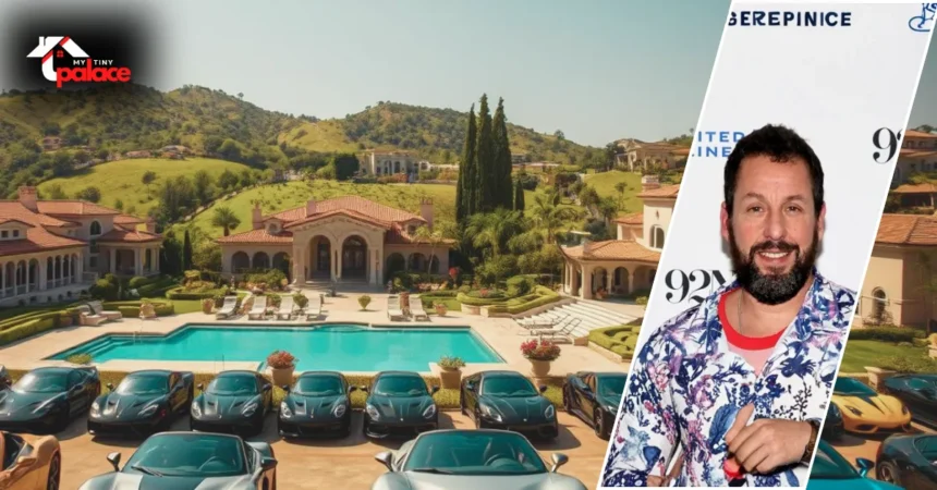 Front view of Adam Sandler’s Pacific Palisades mansion surrounded by lush greenery.