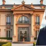 A large modern Beverly Hills mansion in the background with a framed portrait of Alec Gores placed at the front of the scene.