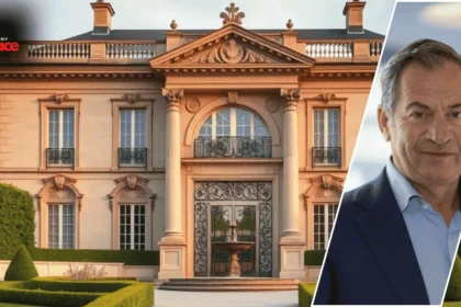 A large modern Beverly Hills mansion in the background with a framed portrait of Alec Gores placed at the front of the scene.