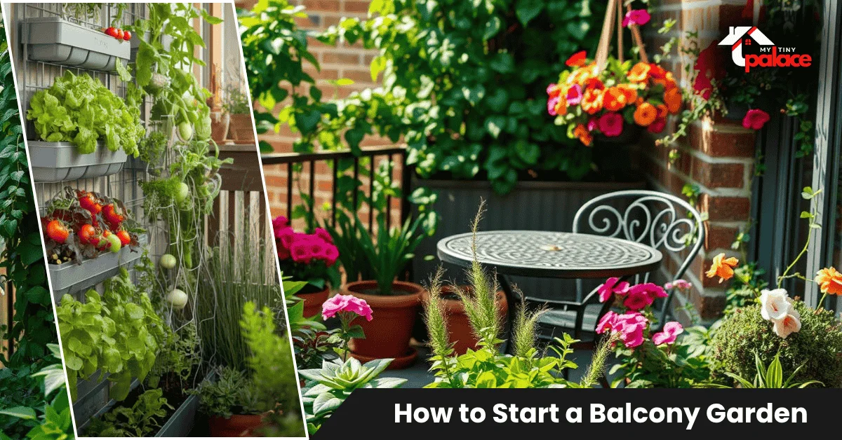 Close-up arrangement of balcony garden containers with tomatoes, basil, and flowers demonstrating proper plant spacing for how to start a balcony garden