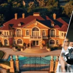 A large modern Houston home in the background with a framed portrait of Brian Cushing placed at the front of the scene.