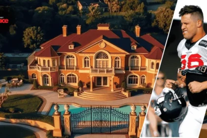 A large modern Houston home in the background with a framed portrait of Brian Cushing placed at the front of the scene.