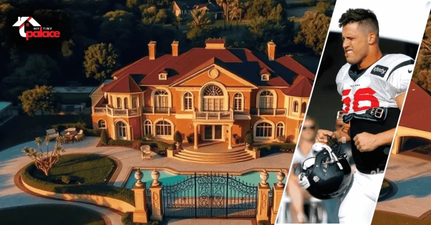 A large modern Houston home in the background with a framed portrait of Brian Cushing placed at the front of the scene.