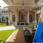 A large stone and brick Nashville home in the background with a framed portrait of a Chrisley family member placed at the front of the scene.