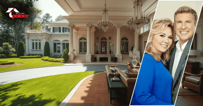 A large stone and brick Nashville home in the background with a framed portrait of a Chrisley family member placed at the front of the scene.
