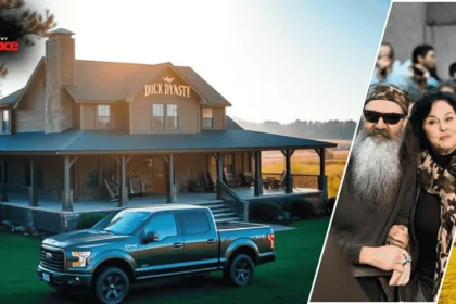 A view of the do Phil and Kay really live in that house showing the rustic Louisiana home with a framed portrait of Phil and Kay Robertson in the foreground.