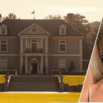 Image showing the does erika jayne own her house with a view of the Beverly Hills home in the background and a framed portrait of Erika Jayne at the front.