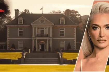 Image showing the does erika jayne own her house with a view of the Beverly Hills home in the background and a framed portrait of Erika Jayne at the front.