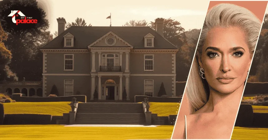 Image showing the does erika jayne own her house with a view of the Beverly Hills home in the background and a framed portrait of Erika Jayne at the front.