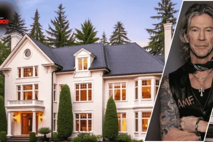 Image showing the Duff McKagan House with the house in the background and a framed portrait of Duff McKagan at the front.