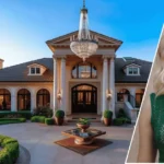 A modern Los Angeles home in the background with a framed portrait of Elizabeth Banks placed at the front of the scene.