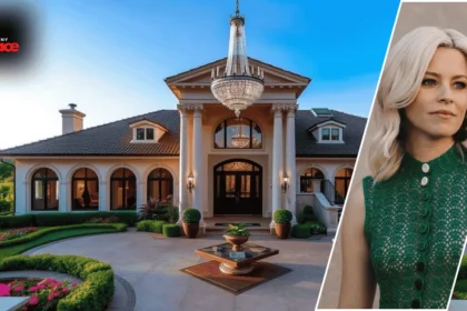 A modern Los Angeles home in the background with a framed portrait of Elizabeth Banks placed at the front of the scene.