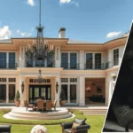 Image showing Gloria James house with a modern brick exterior and landscaped yard, featuring a framed portrait of Gloria James in the foreground.