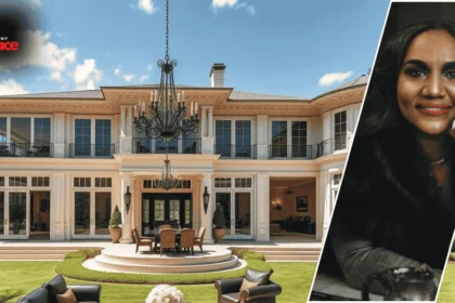 Image showing Gloria James house with a modern brick exterior and landscaped yard, featuring a framed portrait of Gloria James in the foreground.