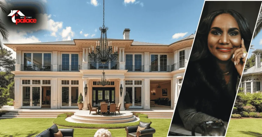 Image showing Gloria James house with a modern brick exterior and landscaped yard, featuring a framed portrait of Gloria James in the foreground.