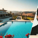 A modern Beverly Hills home in the background with a framed portrait of Guy Oseary placed at the front of the scene.