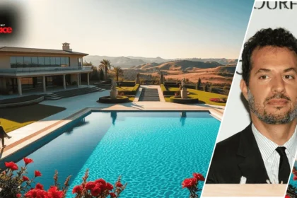 A modern Beverly Hills home in the background with a framed portrait of Guy Oseary placed at the front of the scene.