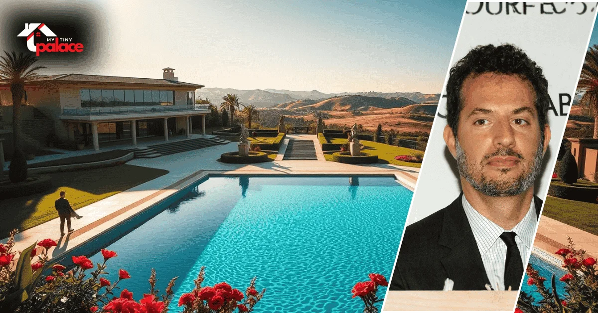 A modern Beverly Hills home in the background with a framed portrait of Guy Oseary placed at the front of the scene.