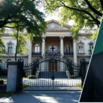 Image showing the Lawrence Stroll House with the grand estate in the background and Lawrence Stroll’s framed portrait placed at the front.