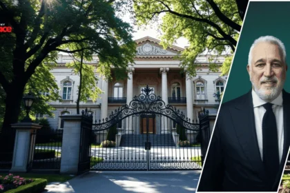 Image showing the Lawrence Stroll House with the grand estate in the background and Lawrence Stroll’s framed portrait placed at the front.