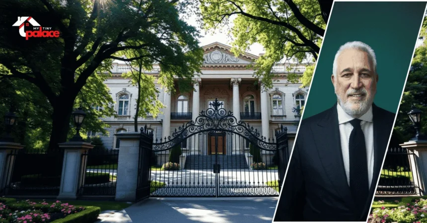 Image showing the Lawrence Stroll House with the grand estate in the background and Lawrence Stroll’s framed portrait placed at the front.