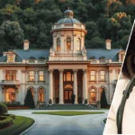 A grand brick mansion framed by lush greenery in the background, with a framed portrait of Jeanine Pirro in the foreground.