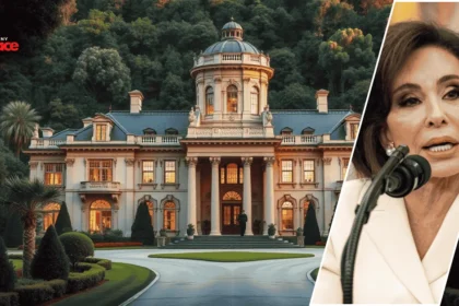 A grand brick mansion framed by lush greenery in the background, with a framed portrait of Jeanine Pirro in the foreground.