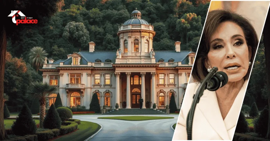 A grand brick mansion framed by lush greenery in the background, with a framed portrait of Jeanine Pirro in the foreground.