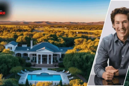 Image showing the Joel Osteen Houses with one of the estates in the background and a framed portrait of Joel Osteen at the front.