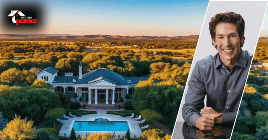 Image showing the Joel Osteen Houses with one of the estates in the background and a framed portrait of Joel Osteen at the front.