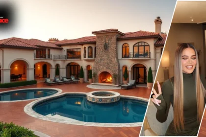 Image showing the Khloe Kardashian Hidden Hills House with the house in the background and the owner’s framed portrait at the front.